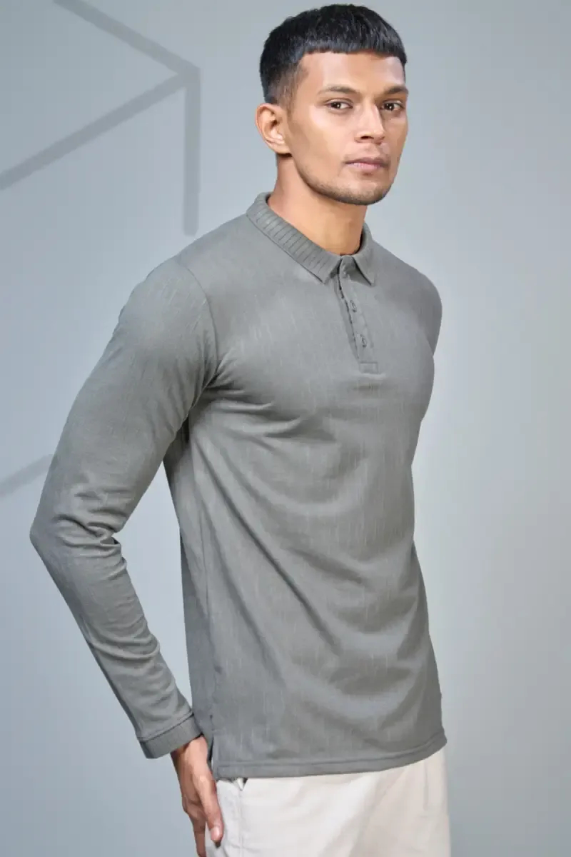 Men's Cotton Self Designed Polo Neck T-shirt