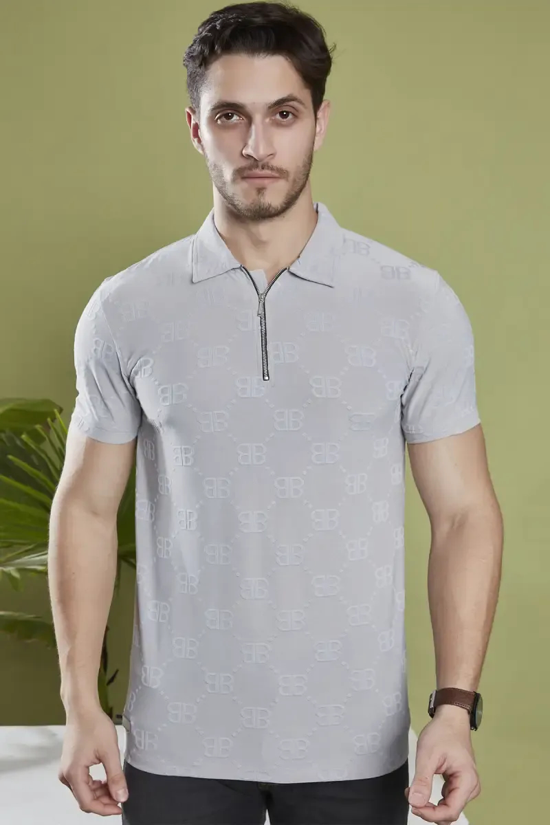 Men's Cotton Self Designed Polo T-shirt