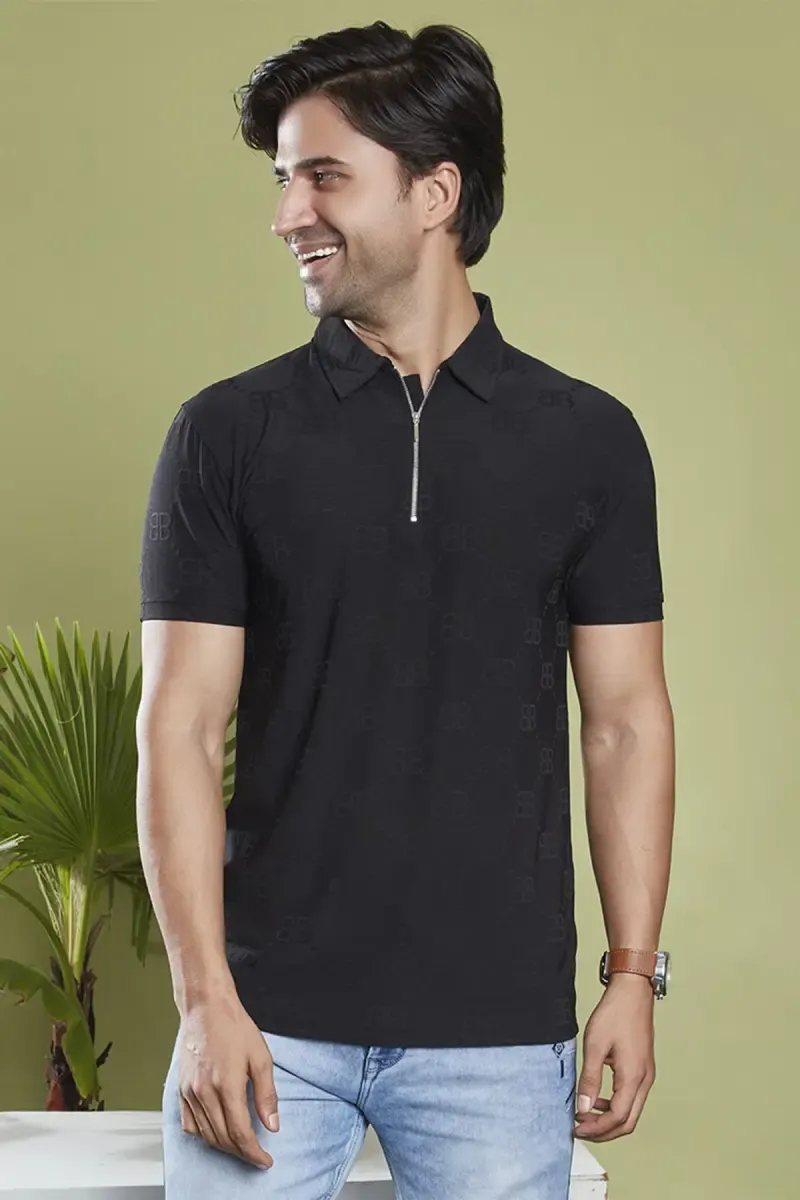 Men's Cotton Self Designed Polo T-shirt