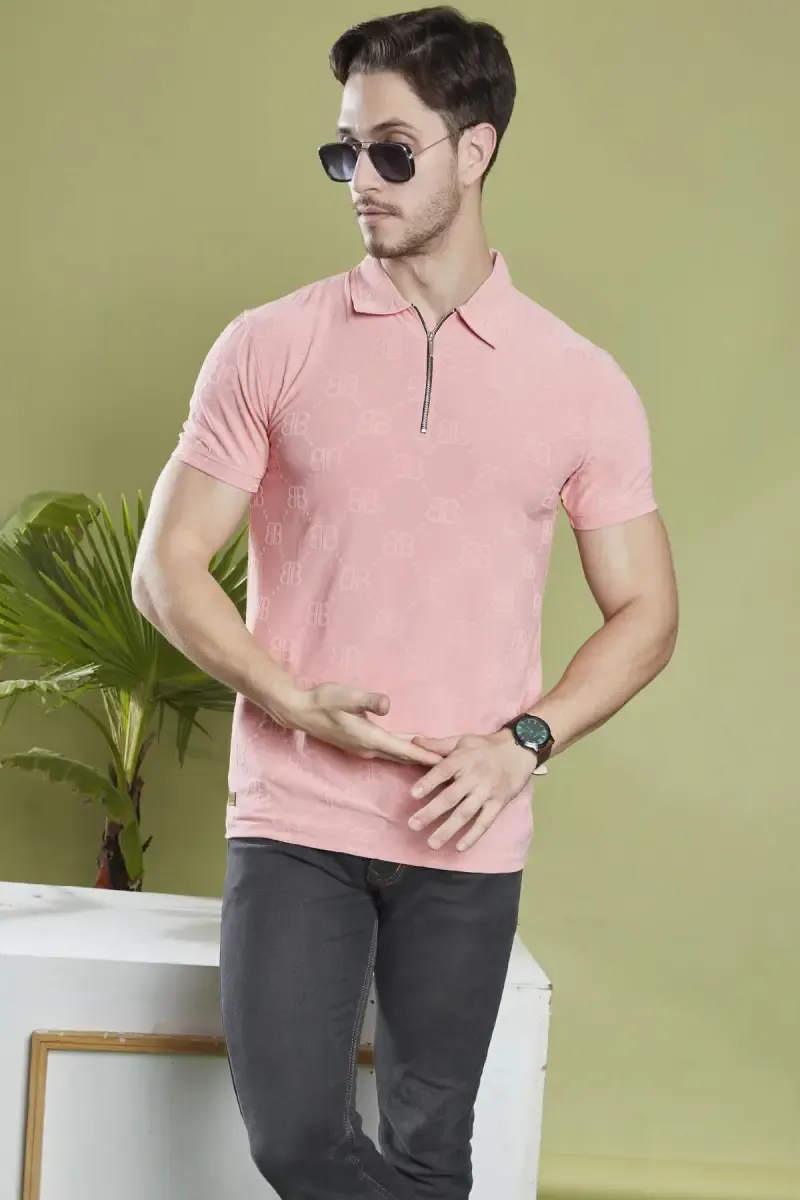 Men's Cotton Self Designed Polo T-shirt