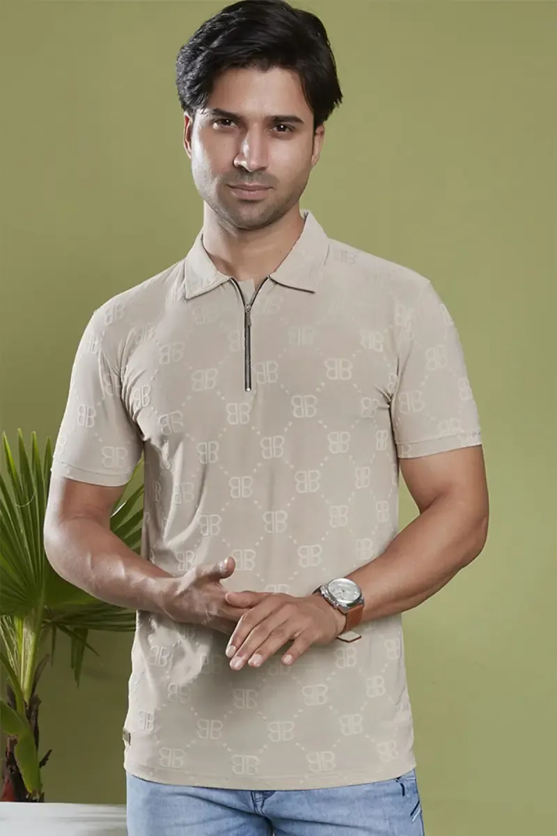 Men's Cotton Self Designed Polo T-shirt