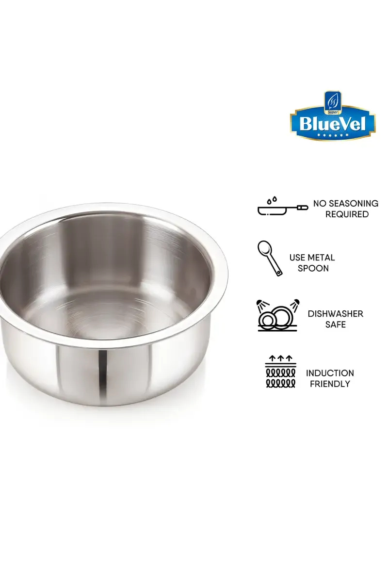 Bluevel Tri-ply Stainless Steel Tope/Tapeli/Bhagona/Patila, Premium Quality, 3 Layer Thick Body, 100% Toxin-Free, Non-Stick, Induction & Gas, 14 cm, 1L