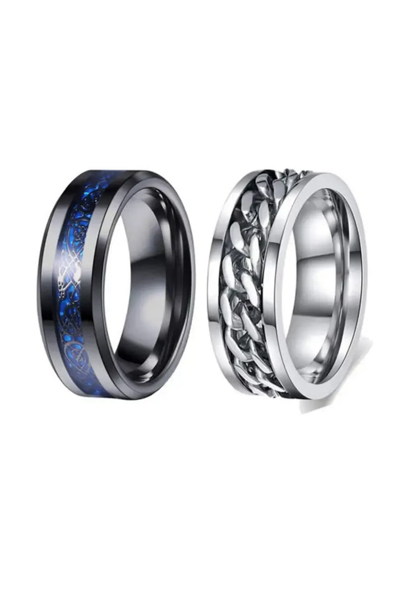 Men’s Dual Style Ring Set – Celtic Blue Inlay & Chain Link Design