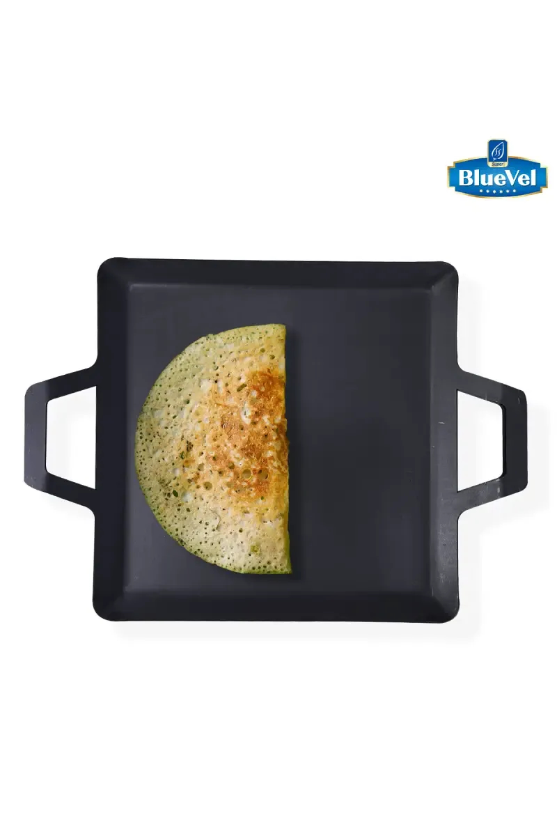 Bluevel 100% Pure Sheet Iron Square Tawa with Iron Double Handle, Toxin-Free, Pre-Seasoned, Induction & Gas, 12 Inch