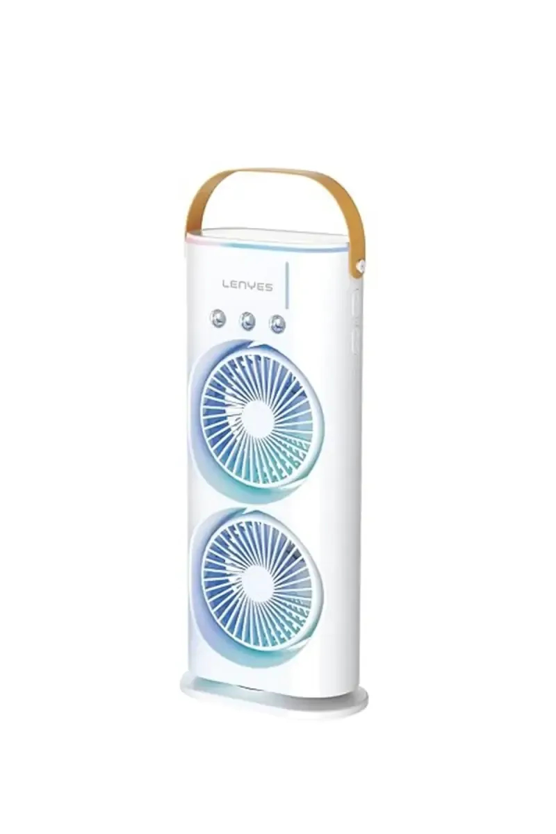 Lenyes LHF03 Battery Operated Small Tower Table Fan with 2 Adjustable Head, 3 Speed, LED Light (White)