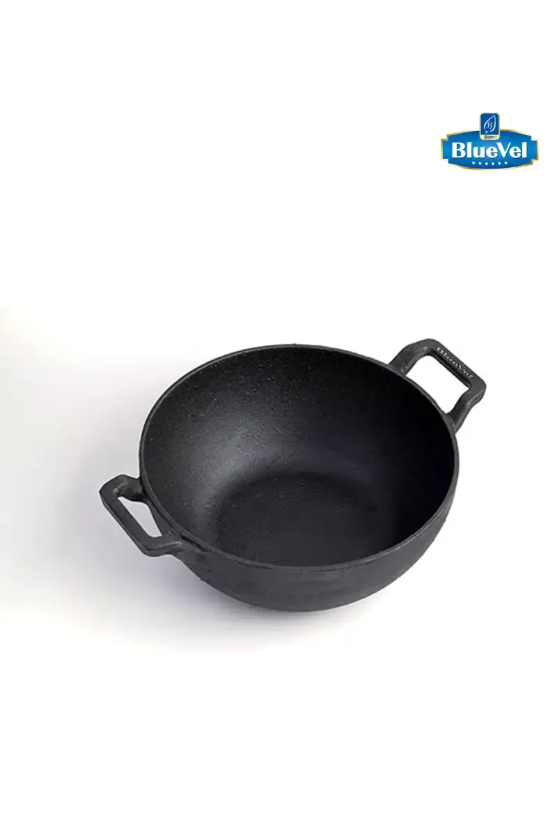 Bluevel Cast Iron Kadai, Pre-Seasoned, Nonstick, 100% Pure, Toxin-Free, Induction, 10 Inch, 2.1L, 2.9kg