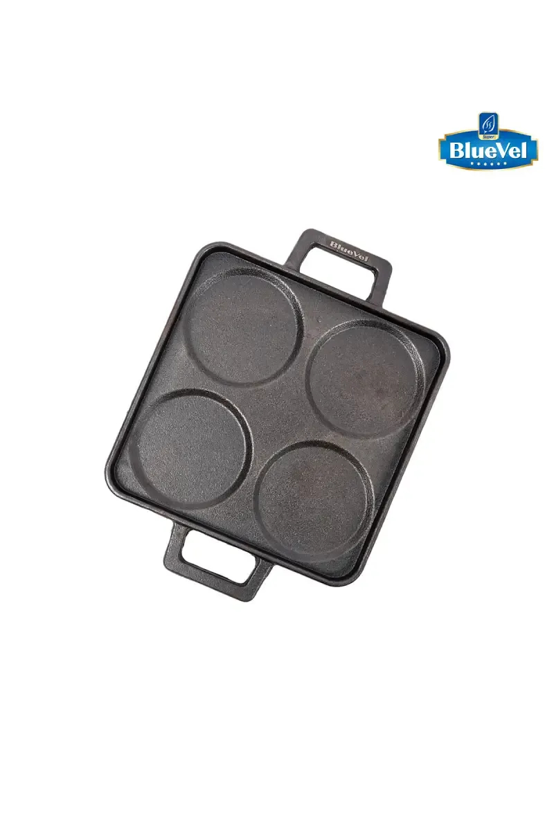 Bluevel Cast Iron Uttapam /Set Dosa Tawa, 4 Pit, Pre-Seasoned, 100% Pure, Toxin-Free, Induction, 9 Inch, 3.1kg