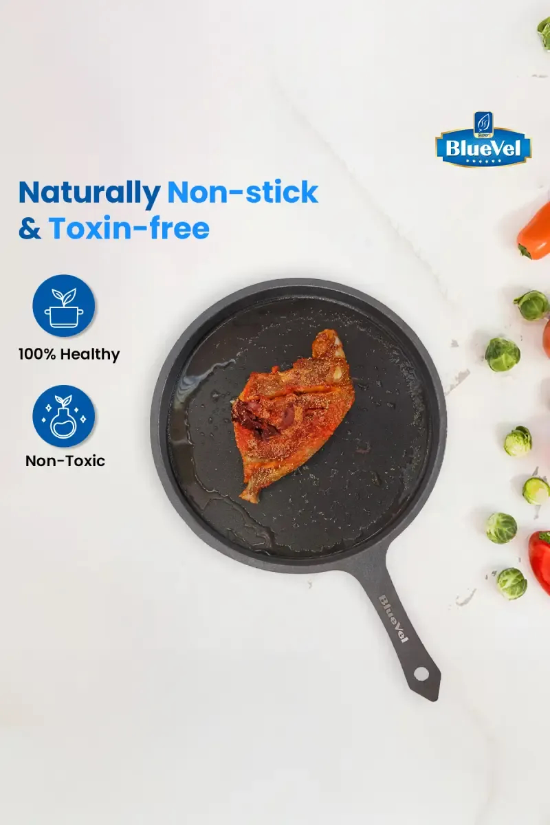 Bluevel Cast Iron Tawa with Handle, Pre-Seasoned, 100% Pure, Toxin-Free, Induction, 10 Inch, 1.9kg