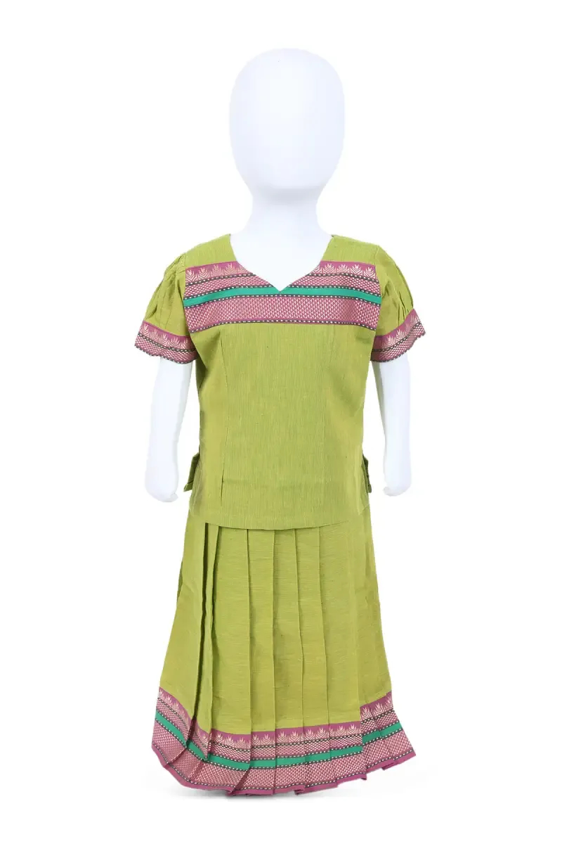 Pure Cotton Pattu Pavadai Set for Girls - Green