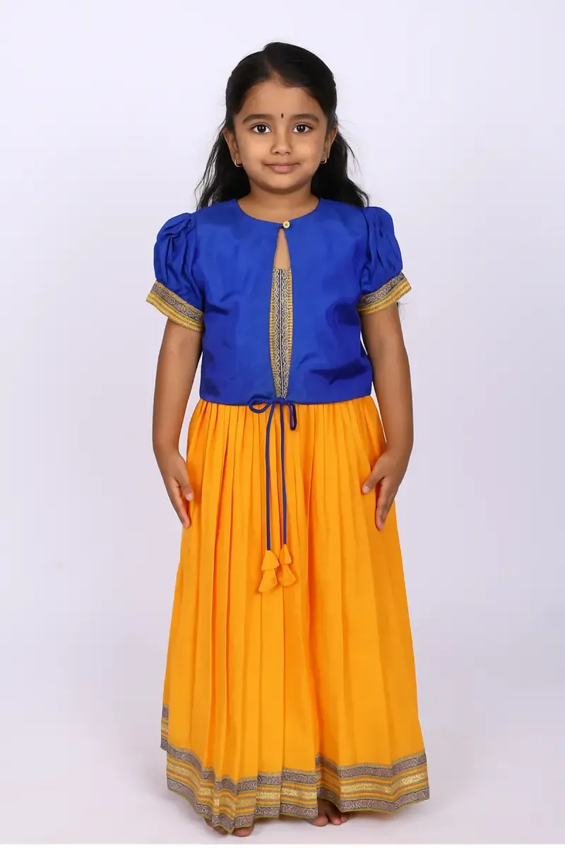 Cotton Pattu Pavadai Set with Puff Sleeve Shrug for Girls - Yellow