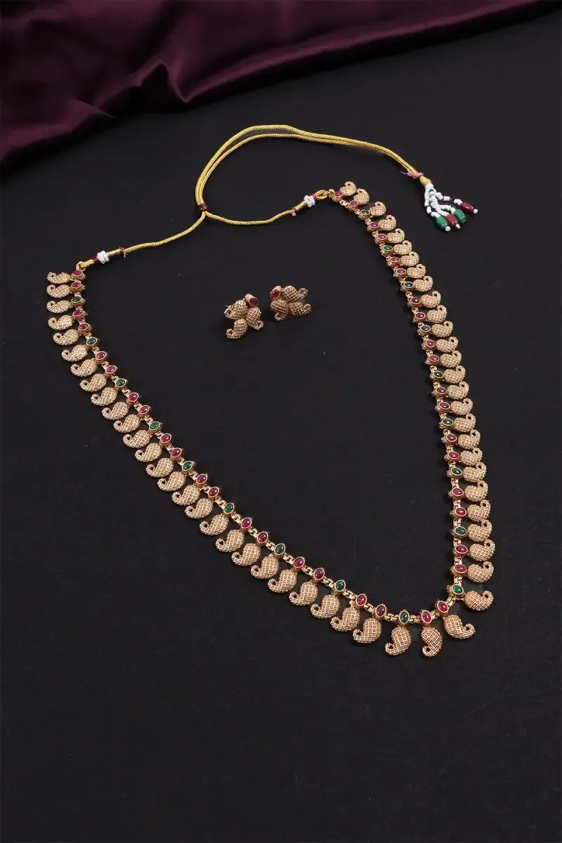 Antique Gold Plated Temple Mango Long Necklace Set