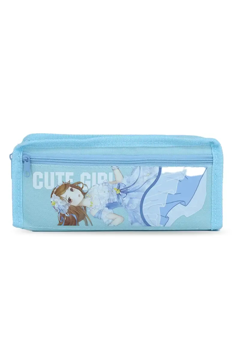 Cute Girl Cartoon Printed Pencil Pouch - Sky blue