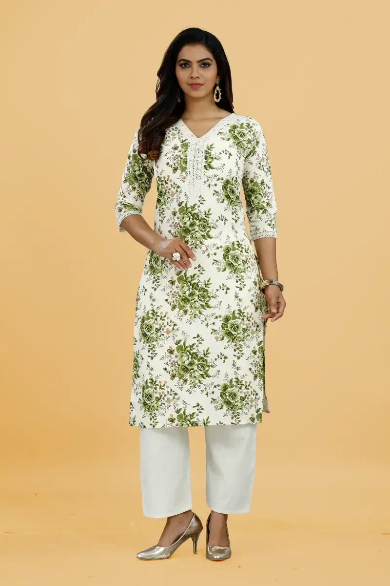Cotton Floral Printed Lace Neck Kurti with Pant Set for Women