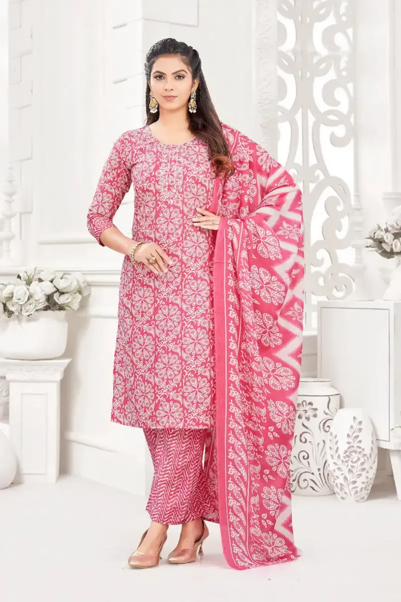 Cotton Printed Kurti with Pant & Dupatta Set for Women