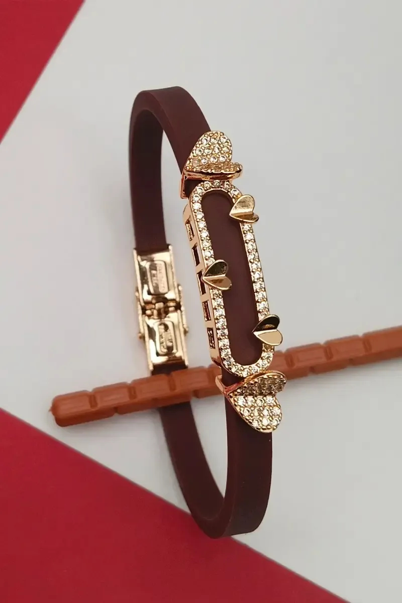 Brown Strap Bracelet with Heart Motif and Crystals