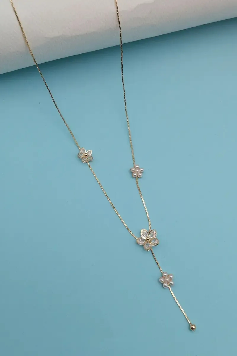 Floral Pendant Necklace for Women - CZ Stones and Pearl Detailing