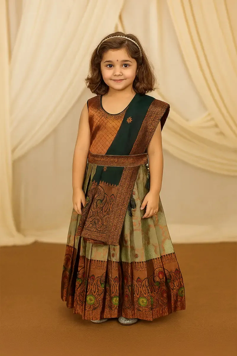 Artsilk Festive Lehenga Set with Dupatta and Hip Belt for Girls (Sleeve material attached)