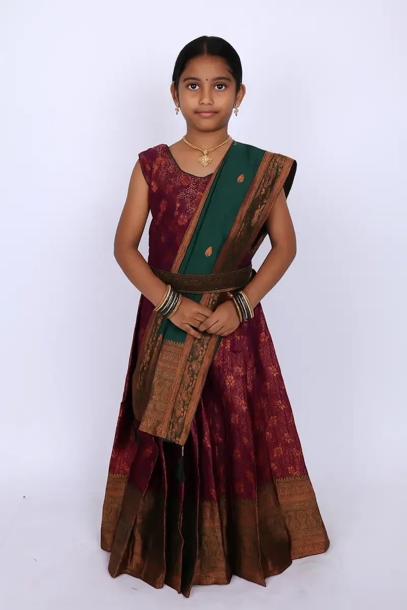 Girl's Art Silk Floral Zari Woven Lehanga Set - Multicolor
