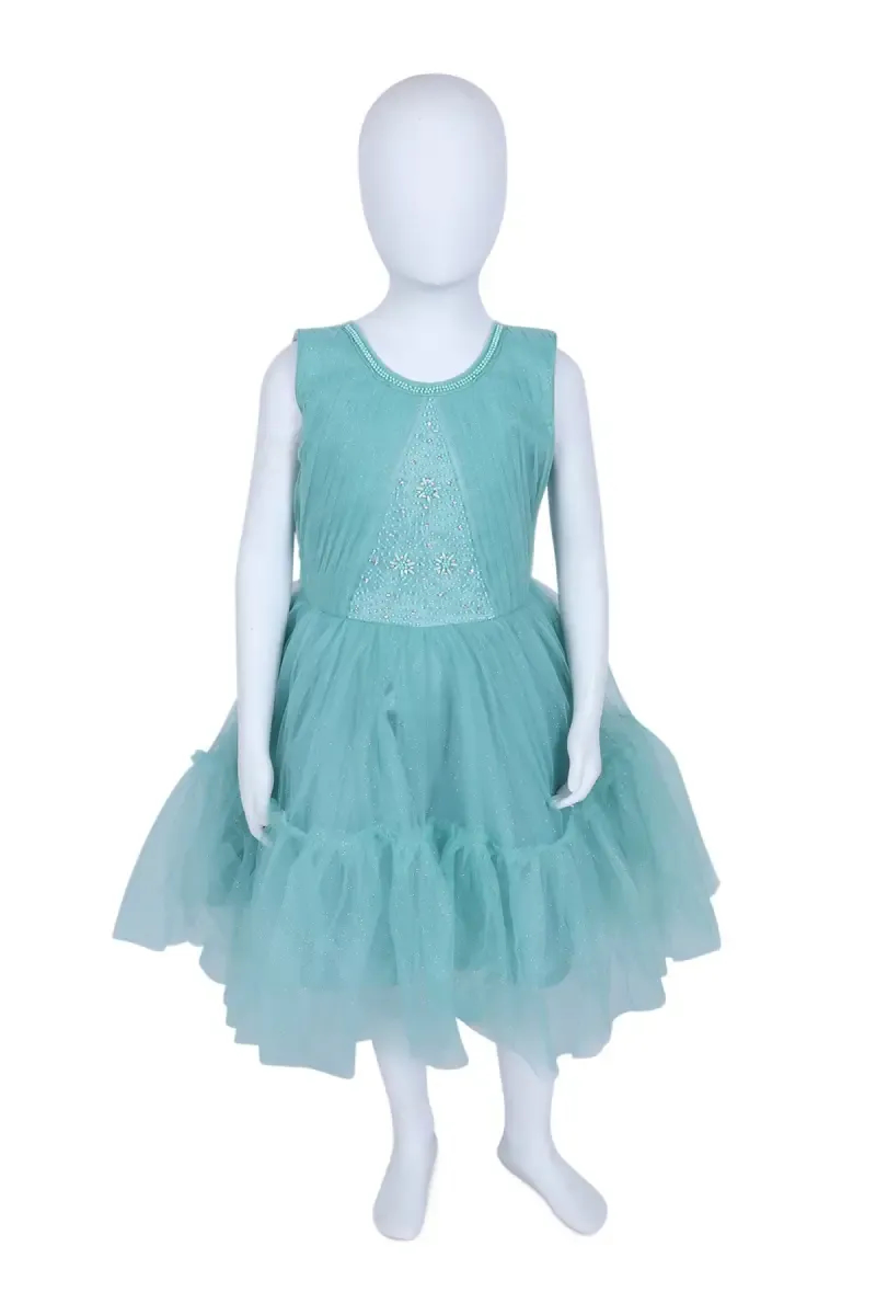 Girl's Satin Blend Solid Netted Party Frock - Green