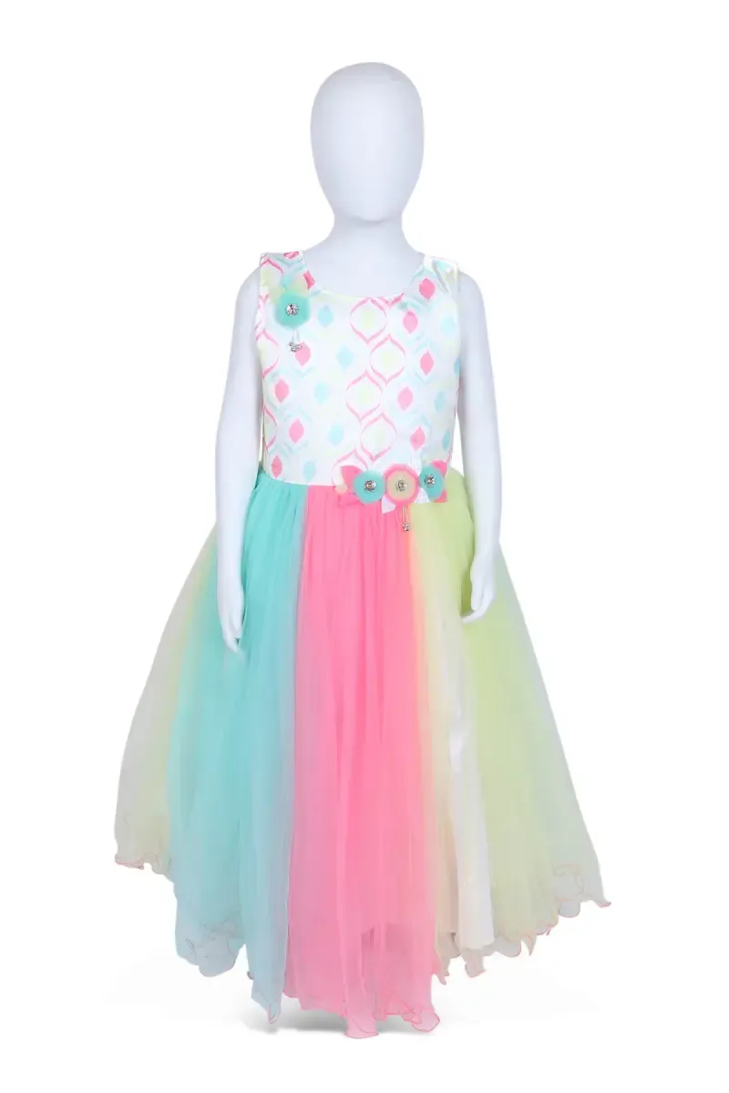 Girl's Satin Blend Geometric Printed Party Frock - Multicolor
