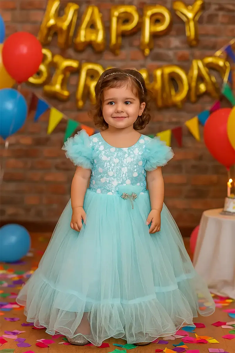 Girl's Satin Blend Sequin Embellished Baby Frock - Blue