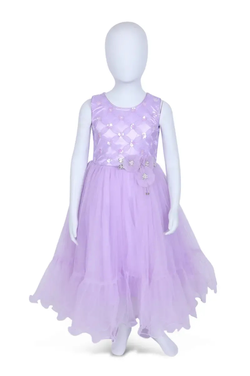 Girl's Satin Blend Geometric Embellished Party Frock - Lavender