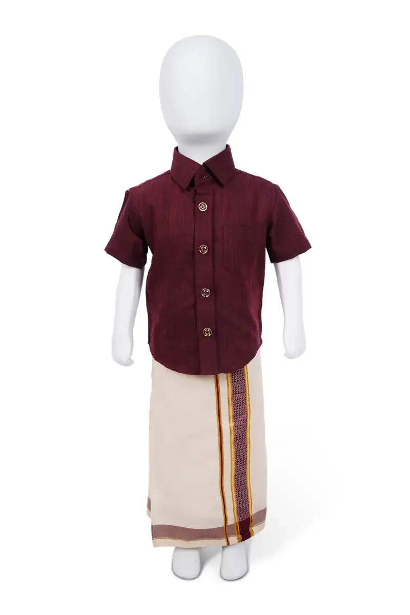 Cotton Shirt with Dhoti Set for Boys - Burgundy