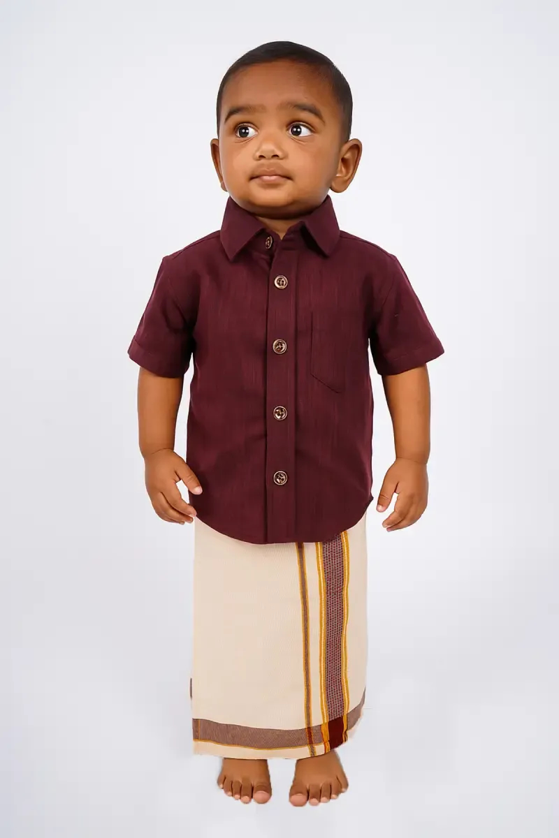 Cotton Shirt with Dhoti Set for Baby Boys - Burgundy