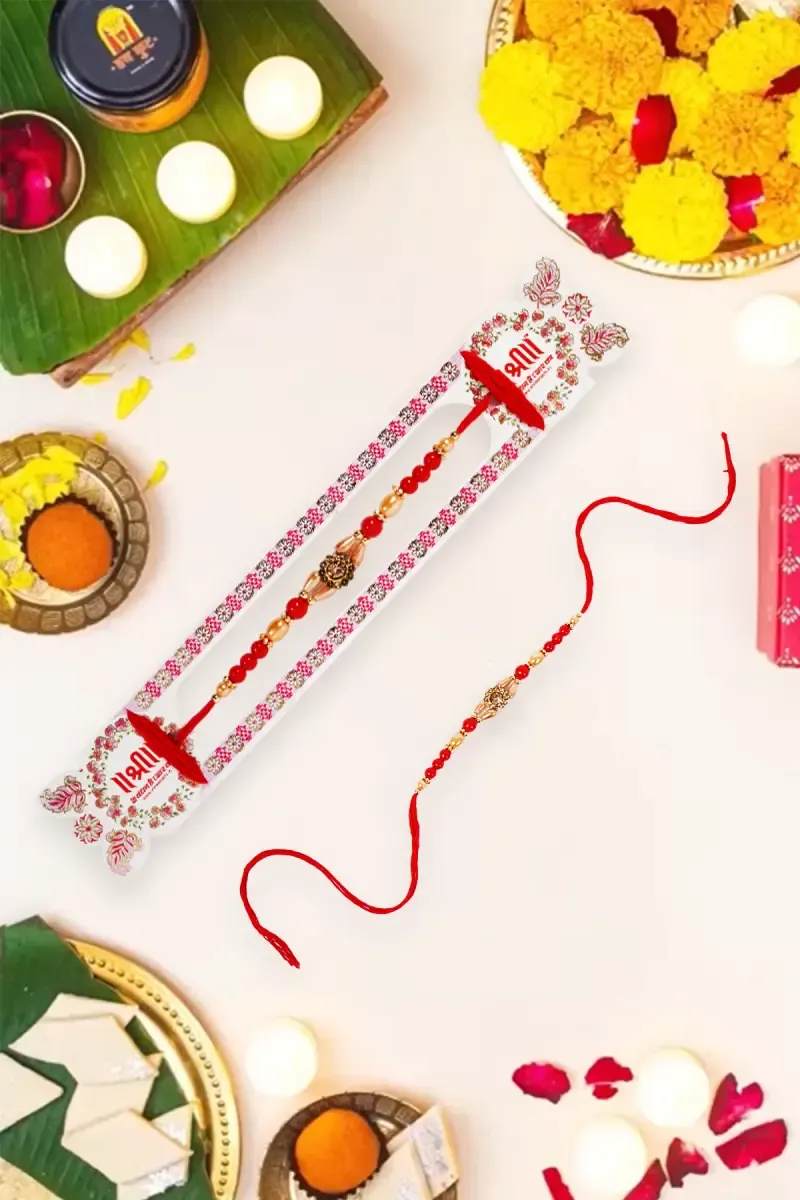 Classic Red and Gold Beaded Rakhi with Central Stone