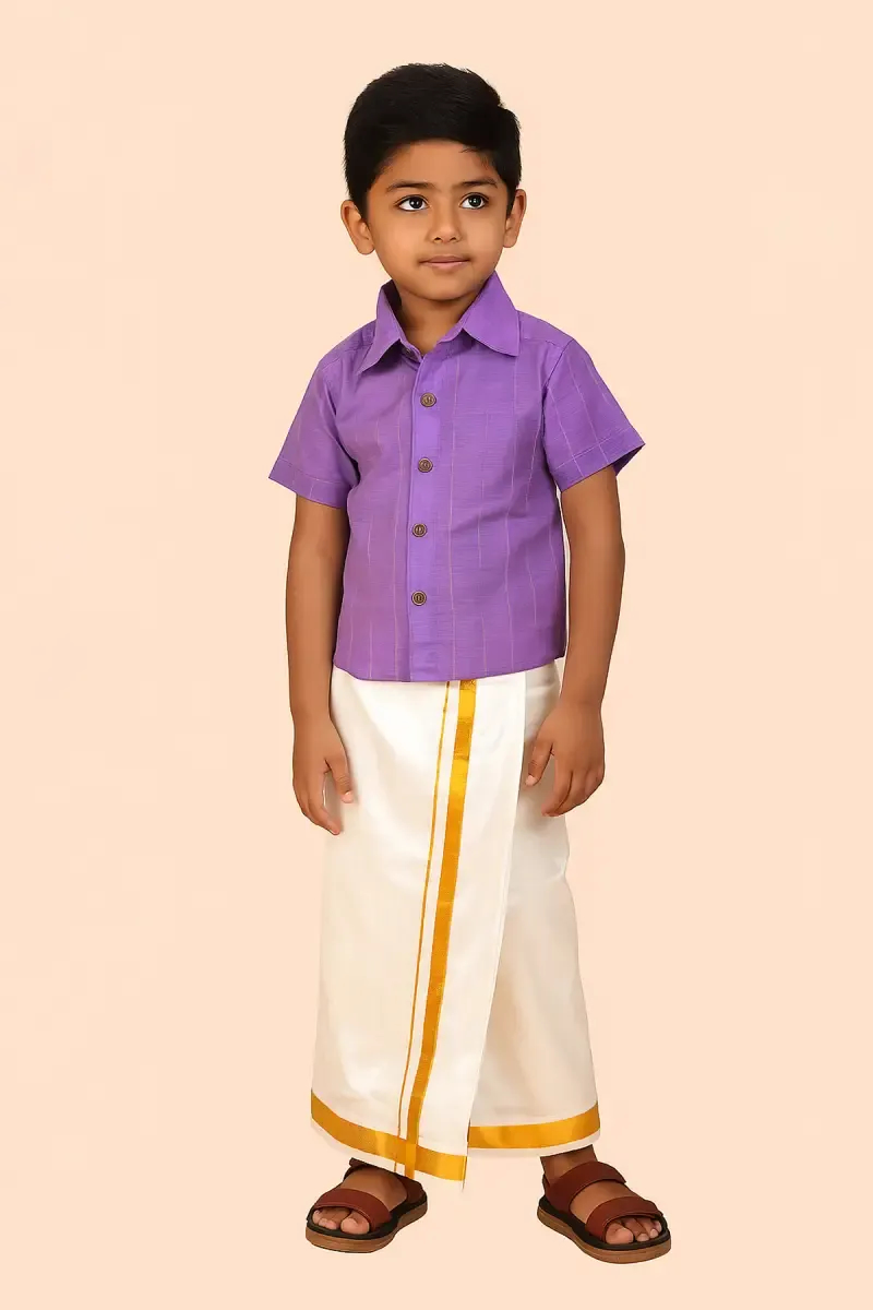 Art Silk Shirt & Dhoti Set for Boys - Purple