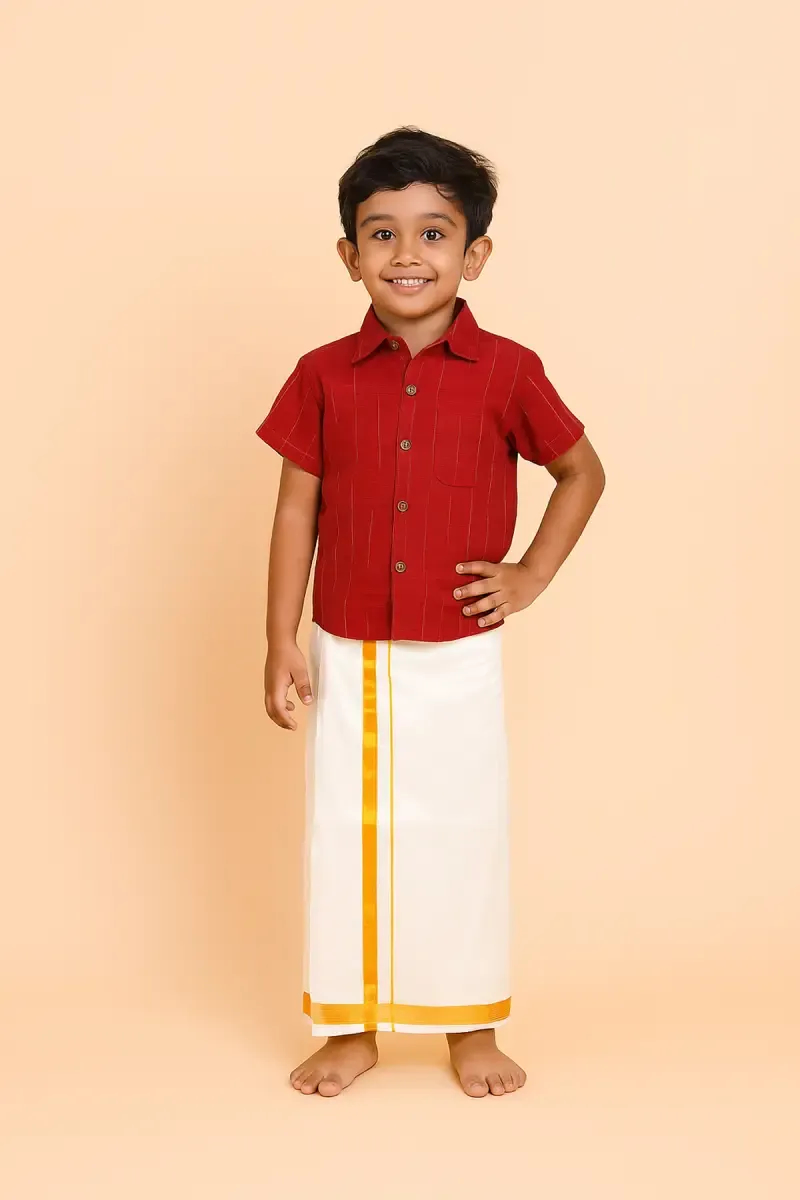 Art Silk Shirt & Dhoti Set for Boys - Red