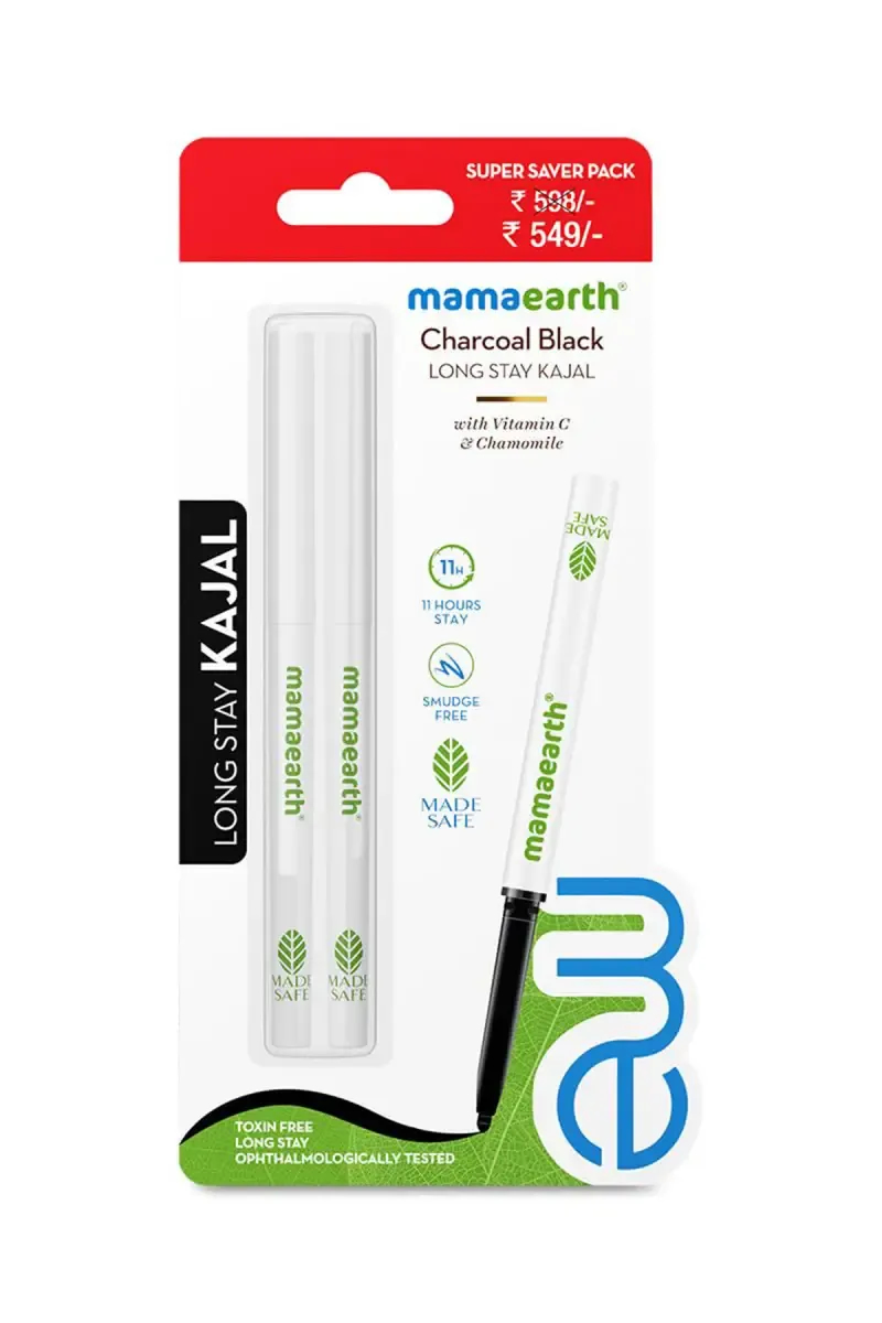 Mamaearth Charcoal Long Stay Kohl Kajal Twin Pack- 0.35g X 2 (Black) 