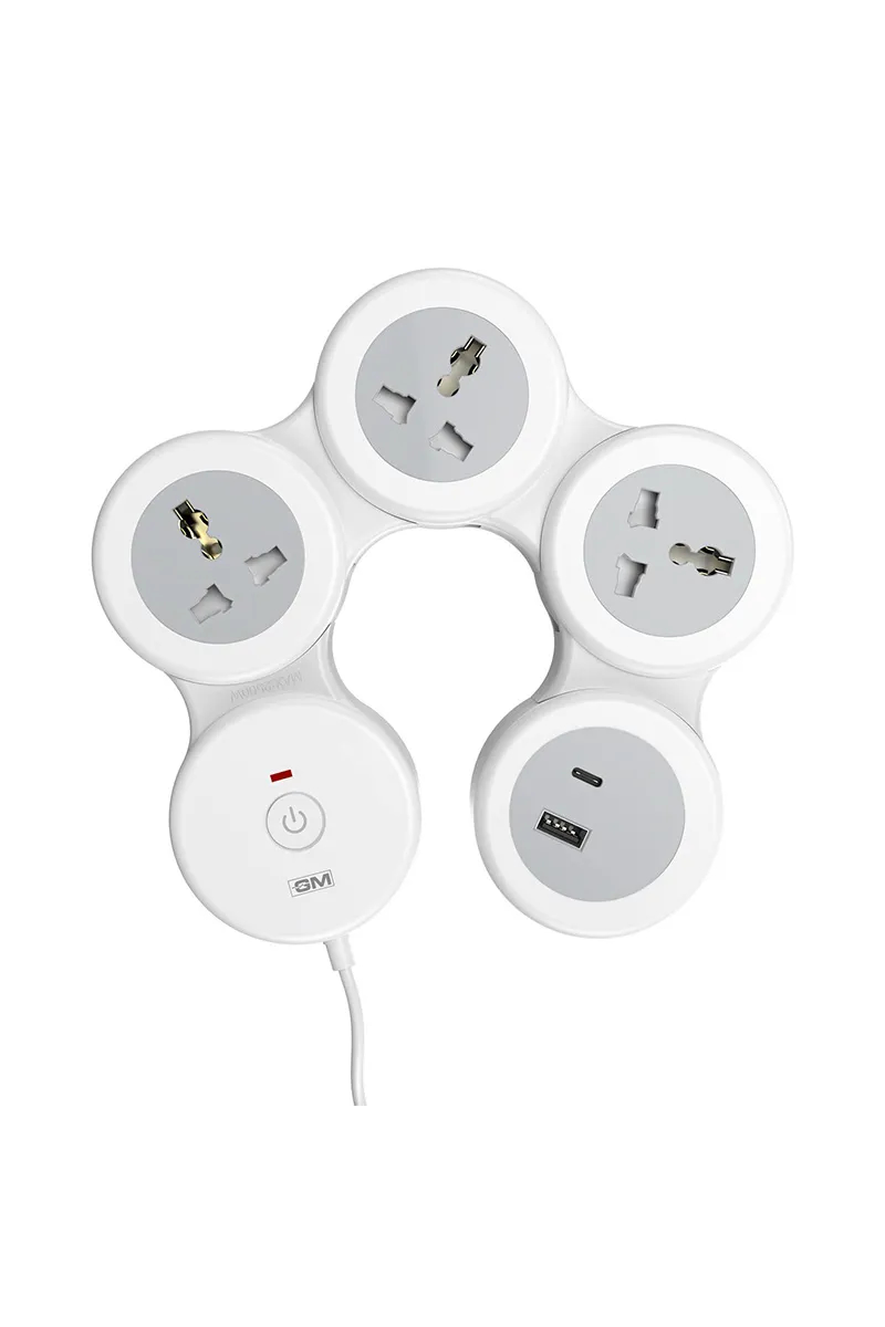 GM G-Hoop 4+1 2500 W Extension Cord with 2 M Cord, Type-C & A USB Port, Safety Shutters (White)