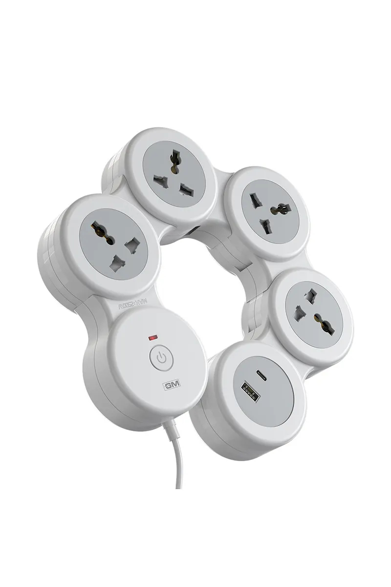 GM G-Hoop 5+1 2500 W Extension Cord with 1.8 M Cord, Type-C & A USB Port, Overcurrent Protection (White)