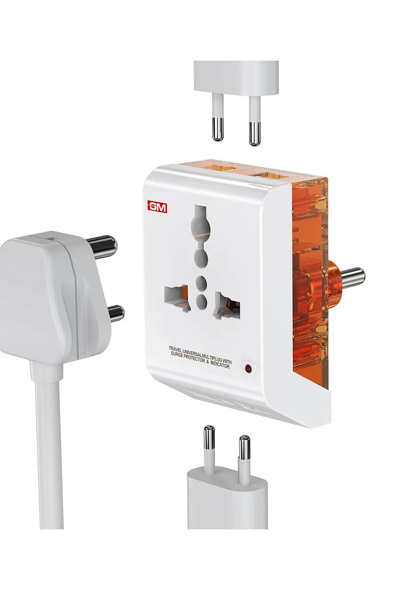 GM 3011 3 Pin Universal Multiplug Travel Adapter with Multiple Charging Ports (White)
