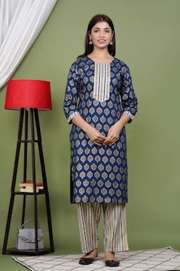 Rayon Printed Kurti with Pant Set for Women  000073XXLBLU2