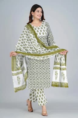 Cotton Printed Kurti with Palazzo & Dupatta Set for Women 000083M38GRE2
