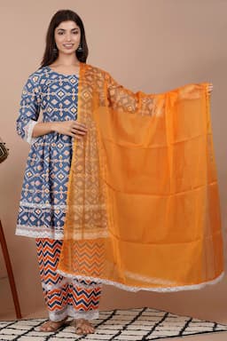 Cotton Printed Kurti with Palazzo & Dupatta Set for Women 000086L40BLU2