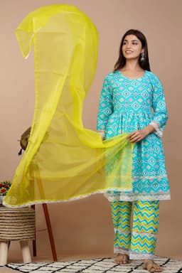 Cotton Printed Kurti with Palazzo & Dupatta Set for Women 000086XL4SKYBLU2