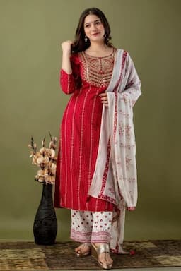 Rayon Embroidered Kurti with Palazzo & Dupatta Set for Women 000087L40RED2