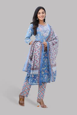Rayon Printed Kurti with Palazzo & Dupatta Set for Women 000093M38BLU2