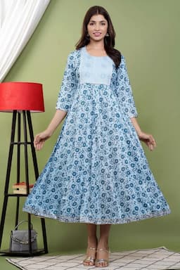 Cotton Rayon Printed Anarkali for Women 000103MBLU