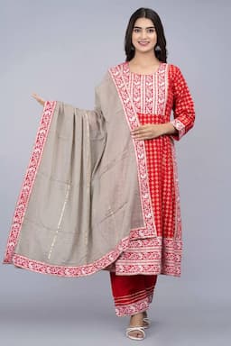 Rayon Printed Kurti with Palazzo & Dupatta Set for Women 000611XL4RED