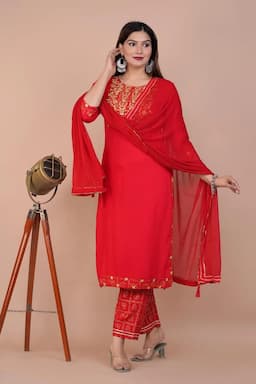 Rayon Embroidered Kurti with Pant & Dupatta Set for Women  000616XXLRED