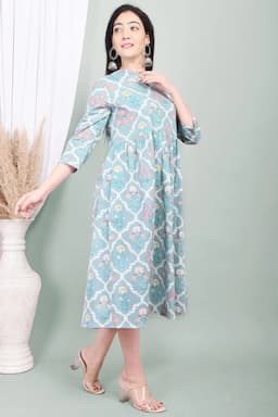 Cotton Printed Flared Kurti for Women 000635L40LIGBLU