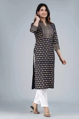 Rayon Gold Print Kurti for Women 001991XXLBLU