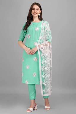 Cotton Embroidered Kurti with Pant & Dupatta Set for Women 002645XLSEAGRE