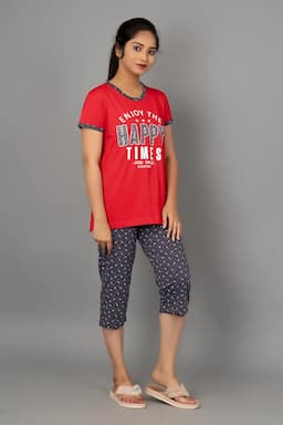 Cotton Printed Top with Capri Set for Women 003016REDS