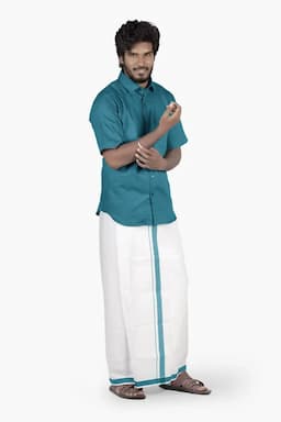 Cotton Shirt with Dhoti for Men (2-Pcs Set) 005259TEA44