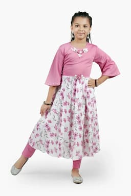 Girl's Synthetic Printed Kurti With Pant (7 - 16 Yrs) 0078901213YRSPIN